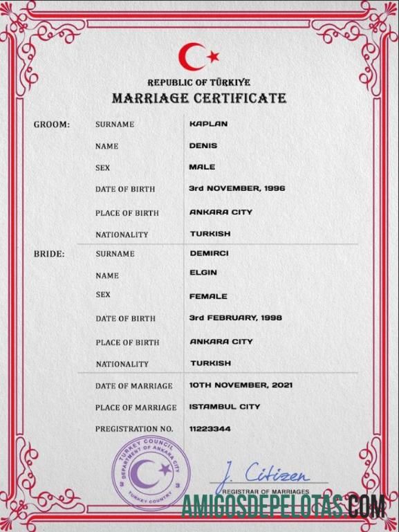 Imprimível modelo PSD de certidão de casamento na Turquia